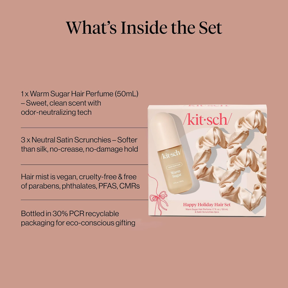 Holiday Set - Warm Sugar Hárilmvatn og 3xSatín Scrunchies