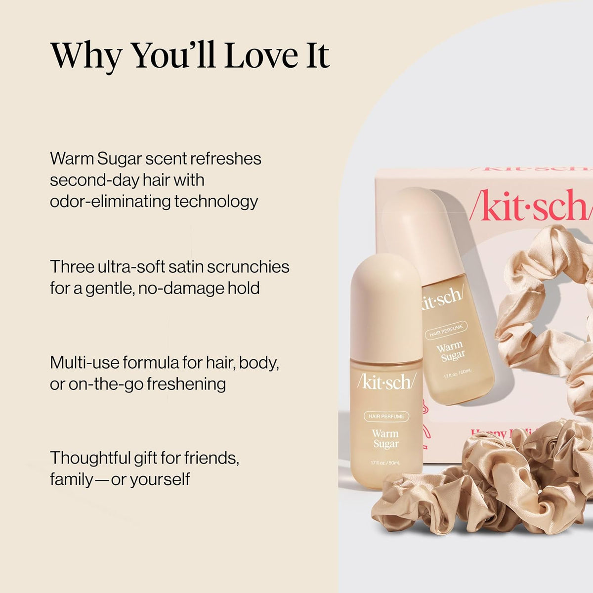 Holiday Set - Warm Sugar Hárilmvatn og 3xSatín Scrunchies