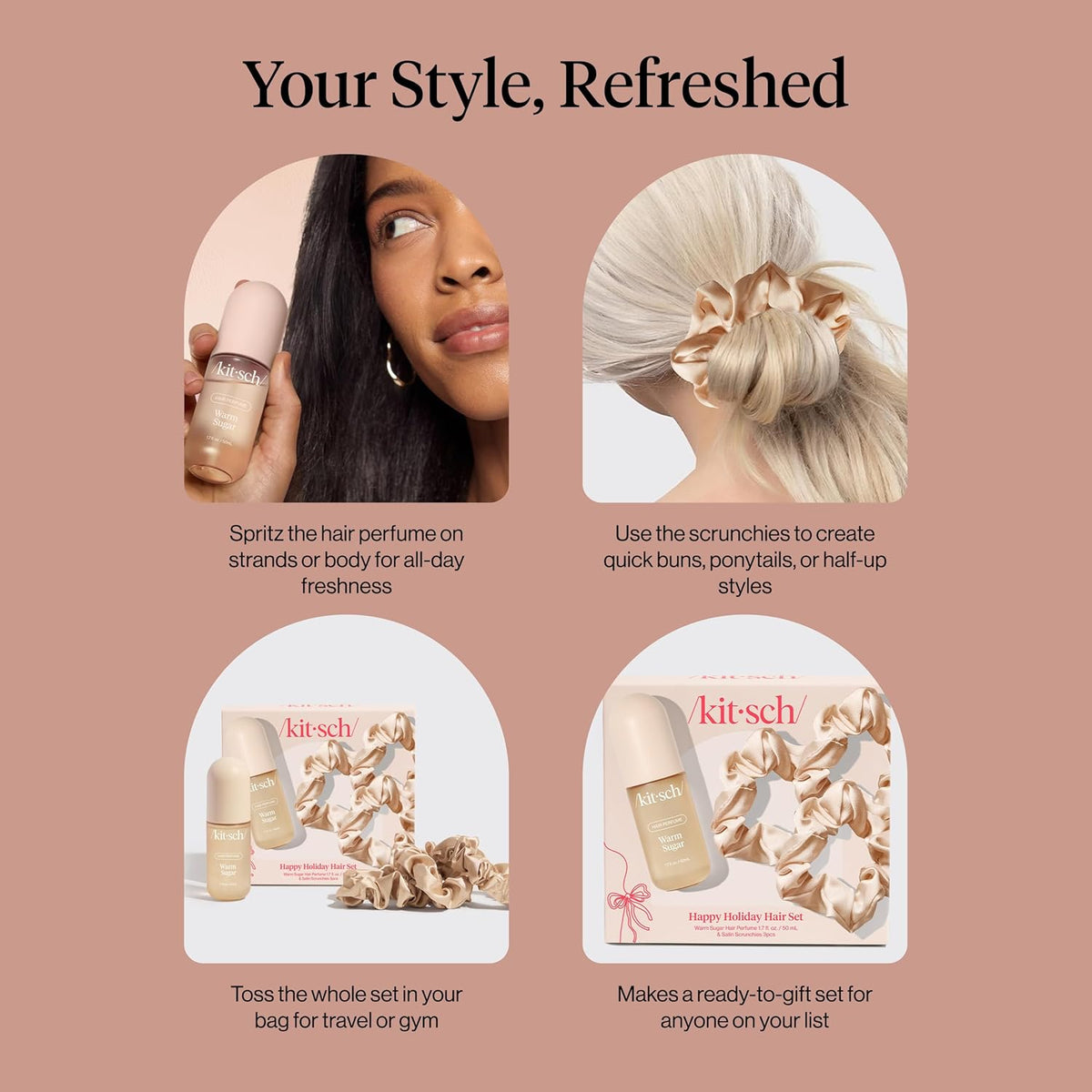 Holiday Set - Warm Sugar Hárilmvatn og 3xSatín Scrunchies